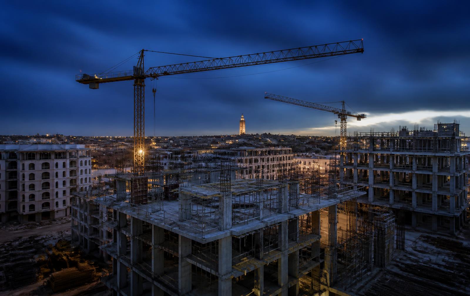 Residential and hotel construction under way in Morocco at dusk